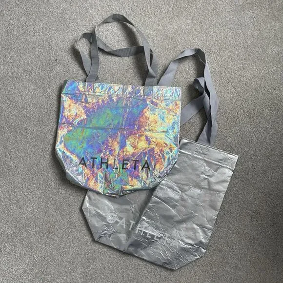 Athleta Reusable Shopping Bags Silver Shiny Iridescent Lot of 2 - Picture 2 of 5